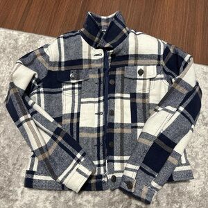 Blue white and brown plaid fall jacket